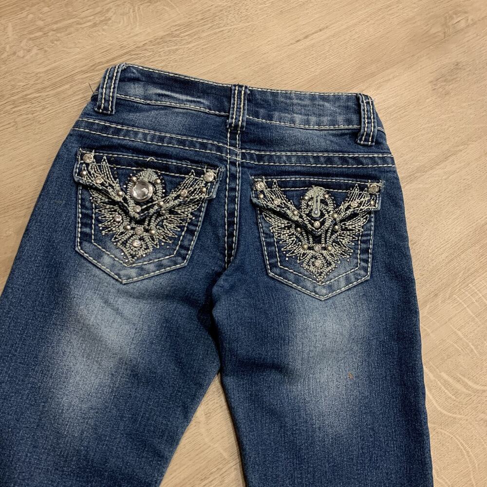 Y2K Red Ranch Embellished Jeans Kids Girls Size 8 Bootcut Flare Rhinestone Wing